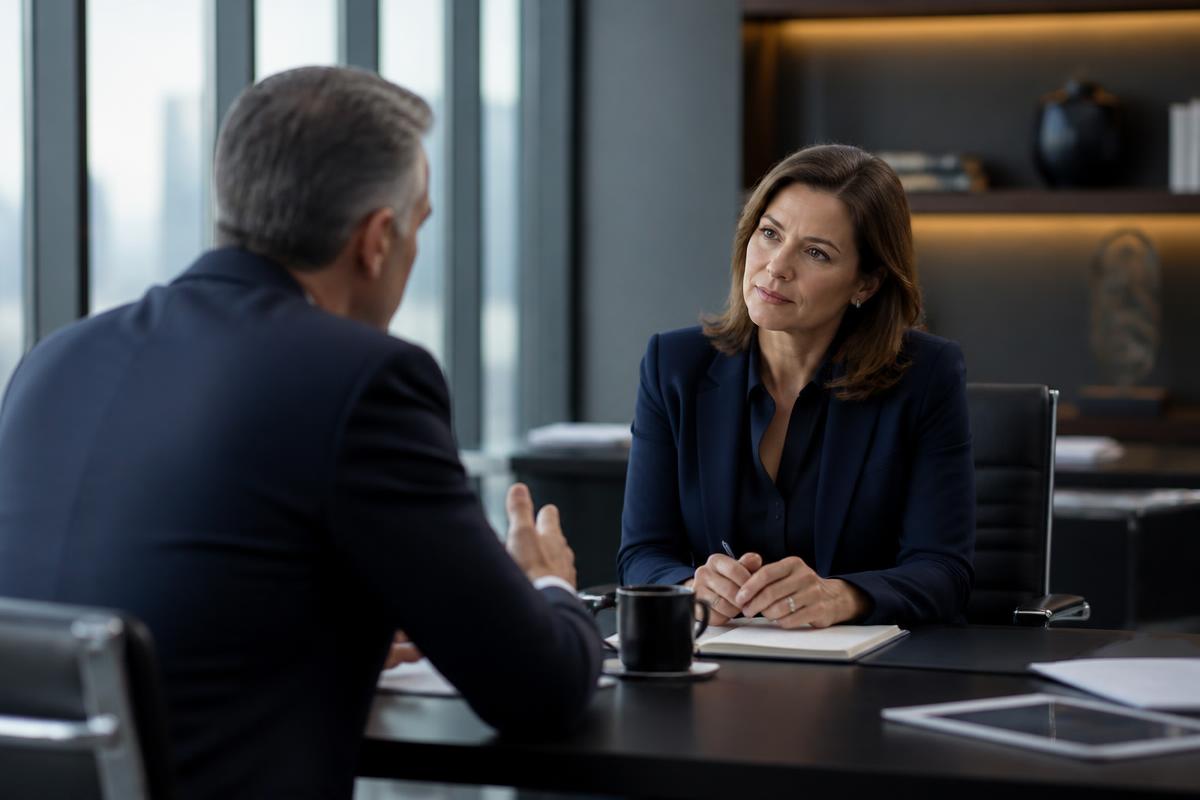 Executive coaching conversation in a modern corporate office setting