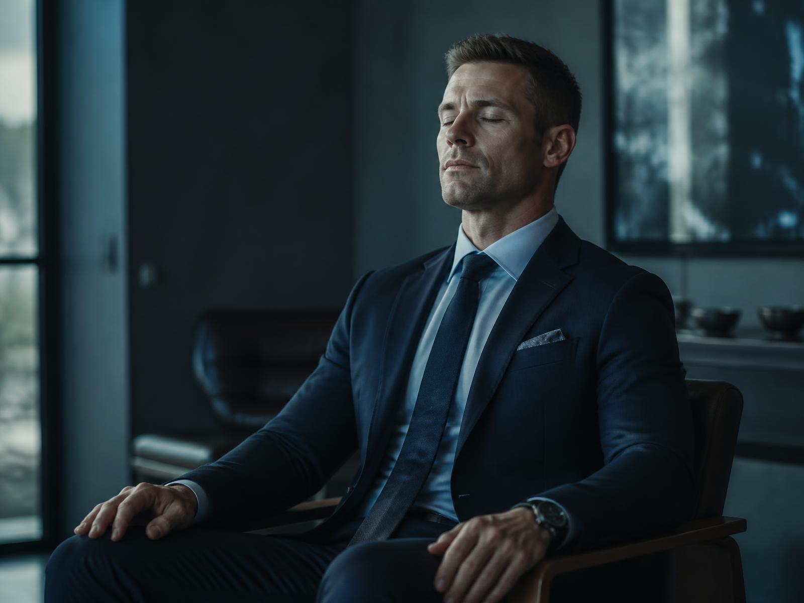 Executive seated in calm, focused concentration before a session